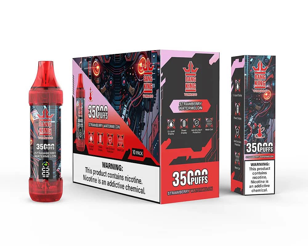 Bang King Tornado 35000 Puffs Strawberry Watermelon disposable vape set, showing red transparent device, 10-pack master box, and single unit box with futuristic red robot design and nicotine warning.