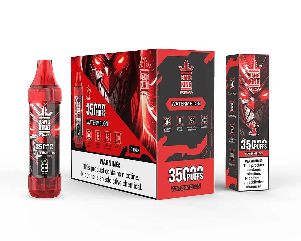 Bang King Tornado 35000 Puffs Watermelon disposable vape set, showing red transparent device, 10-pack master box, and single unit box with aggressive red mech design and nicotine warning.