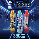 Bang King Tornado 35000 Puffs disposable vape lineup, three tall transparent devices (peach ice, blue razz ice, strawberry watermelon) standing in a futuristic blue tunnel, highlighting e-liquid display, power display, anti-dry-burn protection, and mesh coil.