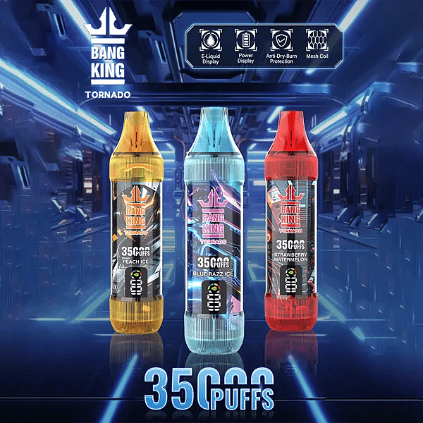 Bang King Tornado 35000 Puffs disposable vape lineup, three tall transparent devices (peach ice, blue razz ice, strawberry watermelon) standing in a futuristic blue tunnel, highlighting e-liquid display, power display, anti-dry-burn protection, and mesh coil.