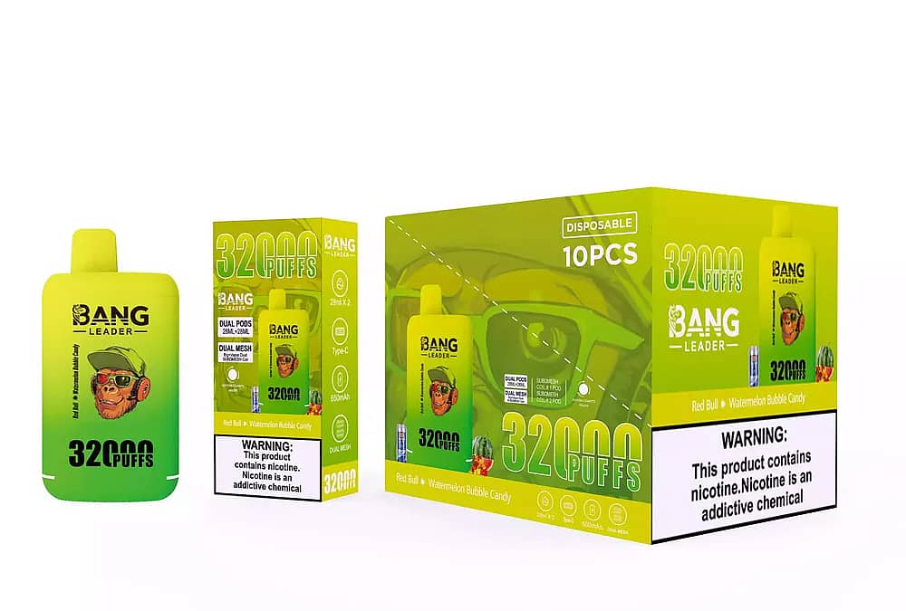Bang Leader 32000 Puffs disposable vape set in Red Bull & Watermelon Bubble Candy, showing lime-green device with monkey mascot, single retail box, and 10-pcs master carton with nicotine warning.