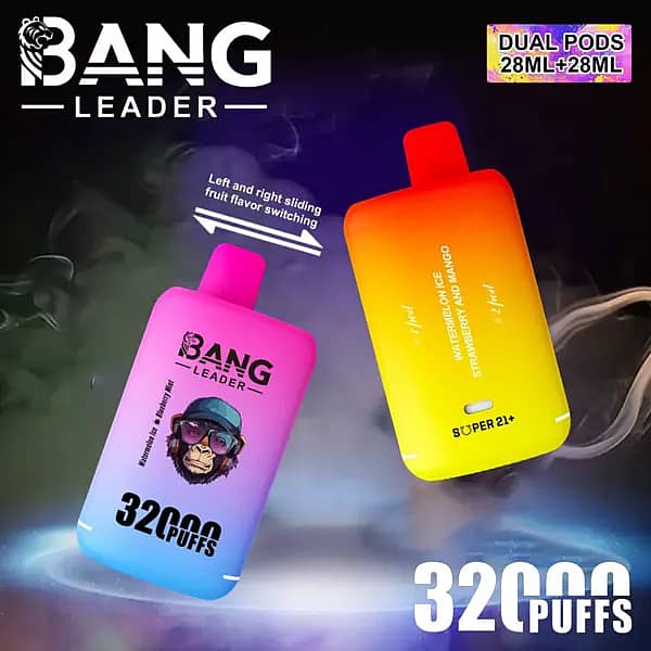 Bang Leader 32000 Puffs dual-pod disposable vape promo image showing two gradient-color devices (pink/blue and orange/yellow) with text “Left and right sliding fruit flavor switching,” “Dual pods 28ml + 28ml,” and “32000 puffs.”