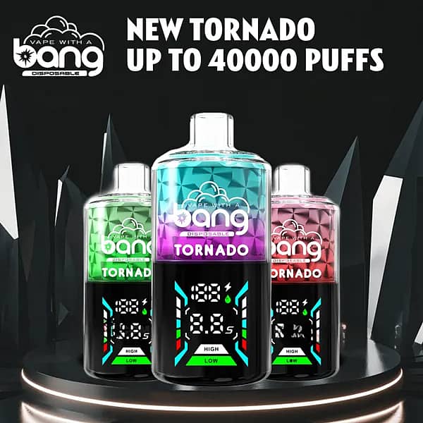 Bang Tornado 40000 Puffs disposable vape promo image showing three smart-screen vapes on a dark podium, with headline “NEW TORNADO UP TO 40000 PUFFS.”