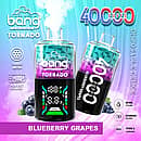 Bang Tornado 40000 Puffs disposable vape in Blueberry Grapes flavor, two smart-screen devices on a colorful gradient background with blueberries and grapes, highlighting 40ml, 850mAh, Type-C, and adjustable power.