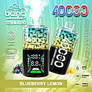 Bang Tornado 40000 Puffs disposable vape in Blueberry Lemon flavor, two smart-screen devices on a green/yellow gradient background with blueberries and lemon slices, highlighting 40ml, 850mAh, Type-C, and adjustable power.