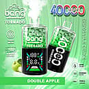 Bang Tornado 40000 Puffs disposable vape in Double Apple flavor, two green smart-screen devices on a green background with apples, highlighting 40ml, 850mAh, Type-C, and adjustable power.
