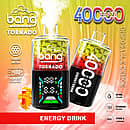 Bang Tornado 40000 Puffs disposable vape in Energy Drink flavor, two smart-screen devices on an orange/red gradient background, highlighting 40ml, 850mAh, Type-C, and adjustable power.