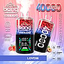 Bang Tornado 40000 Puffs disposable vape in Love66 flavor, two smart-screen devices on a pink-to-purple background with passionfruit/watermelon accents, highlighting 40ml, 850mAh, Type-C, and adjustable power.