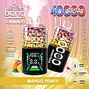Bang Tornado 40000 Puffs disposable vape in Mango Peach flavor, two smart-screen devices on a peach–gold background with mango and peach fruit accents, highlighting 40ml, 850mAh, Type-C, and adjustable power.