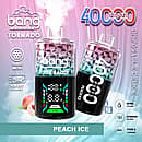 Bang Tornado 40000 Puffs disposable vape in Peach Ice flavor, two smart-screen devices on a pink–aqua background with peach fruit and ice cubes, highlighting 40ml, 850mAh, Type-C, and adjustable power.