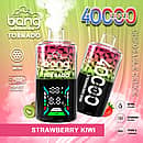 Bang Tornado 40000 Puffs disposable vape in Strawberry Kiwi flavor, two smart-screen devices on a green–pink background with strawberry and kiwi fruits, highlighting 40ml, 850mAh, Type-C, and adjustable power.