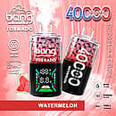 Bang Tornado 40000 Puffs disposable vape in Watermelon flavor, two smart-screen devices on a pink/red background with watermelon slices, highlighting 40ml, 850mAh, Type-C, and adjustable power.