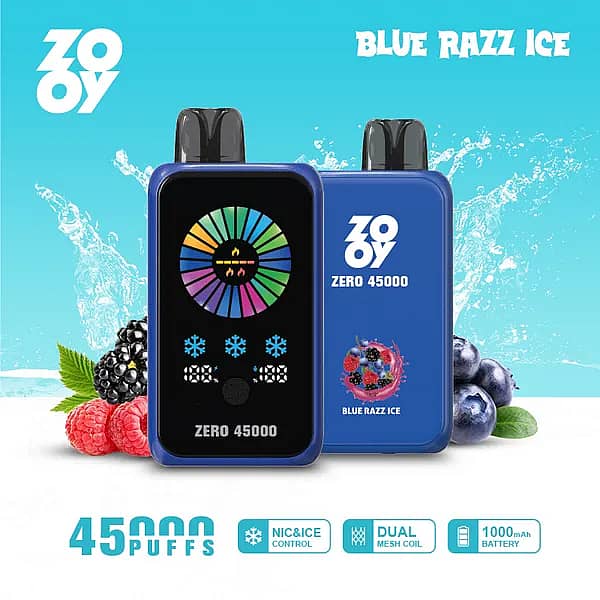 ZOOY ZERO 45000 Puffs Blue Razz Ice smart disposable with NIC&ICE cooling control, dual-mesh coils, 1000 mAh Type-C rechargeable battery, smart screen.