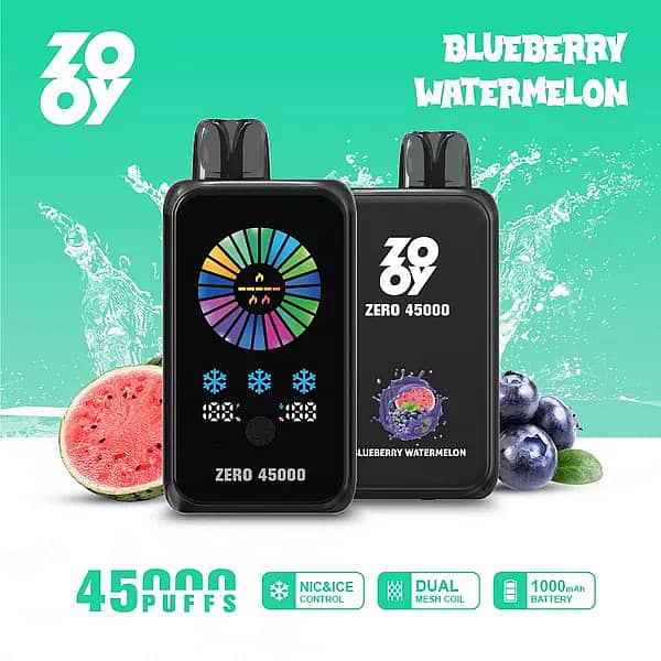 ZOOY ZERO 45000 Puffs Blueberry Watermelon disposable vape with smart screen, NIC&ICE control, dual mesh coil, 1000mAh Type-C battery