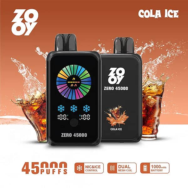 ZOOY ZERO 45000 Puffs Cola Ice disposable vape with smart display, NIC&ICE control, dual mesh coil, and 1000mAh Type-C rechargeable battery.