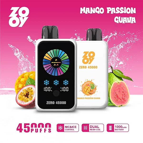 ZOOY ZERO 45000 Puffs Mango Passion Guava disposable with smart color dial display, NIC & ICE control, dual-mesh coil, and 1000 mAh battery.