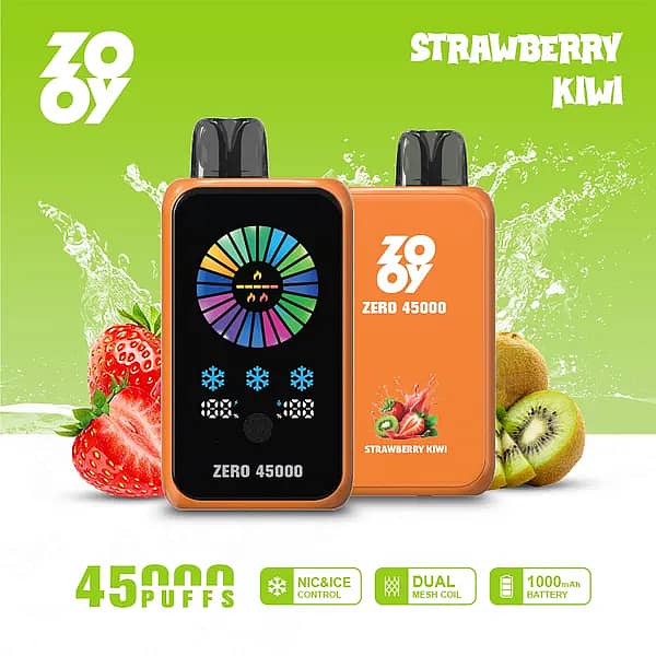 ZOOY ZERO 45000 Puffs Strawberry Kiwi disposable vape with smart screen, NIC&ICE control, dual-mesh coil, and 1000mAh battery.