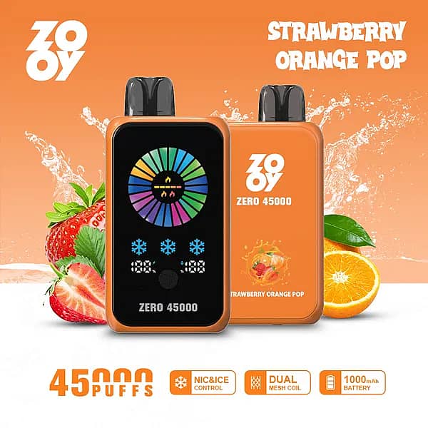 ZOOY ZERO 45000 Puffs in Strawberry Kiwi blends sun-sweet strawberries with bright kiwi for a crisp, layered taste from the first draw to the last. The smart front display shows power and cooling levels at a glance, while NIC&ICE Control lets you fine-tune strength and chill to match your preference. A dual-mesh coil boosts flavor density and vapor consistency, and the 1000mAh rechargeable battery delivers extended sessions with Type-C convenience. Built for reliability and smooth airflow, this next-gen disposable keeps flavor fresh and steady throughout its massive 45K capacity&mdash;an ideal pick for fans of fruity, refreshing profiles seeking premium performance in a compact device.