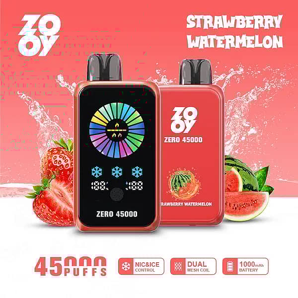 ZOOY ZERO 45000 Puffs Strawberry Watermelon disposable vape with smart screen, dual-mesh coil, and adjustable NIC & ICE control