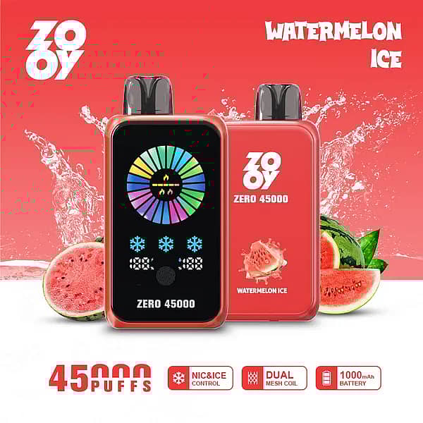 ZOOY ZERO 45000 Puffs Watermelon Ice &mdash; smart-display disposable with NIC&ICE control, dual mesh coil and 1000mAh battery for ultra-long, frosty watermelon flavor.