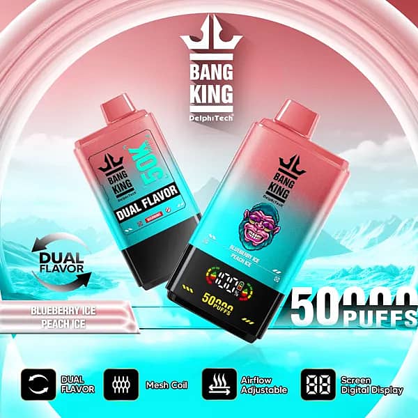 Bang King 50000 Puffs Dual Flavor disposable vape (Blueberry Ice / Peach Ice) with digital screen, dual-flavor switch, mesh coil and adjustable airflow.