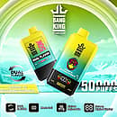 Bang King 50000 Puffs Dual Flavor disposable vape with screen display, showing Blueberry Ice and Peach Mango Watermelon options, dual-flavor switch, mesh coil, adjustable airflow.