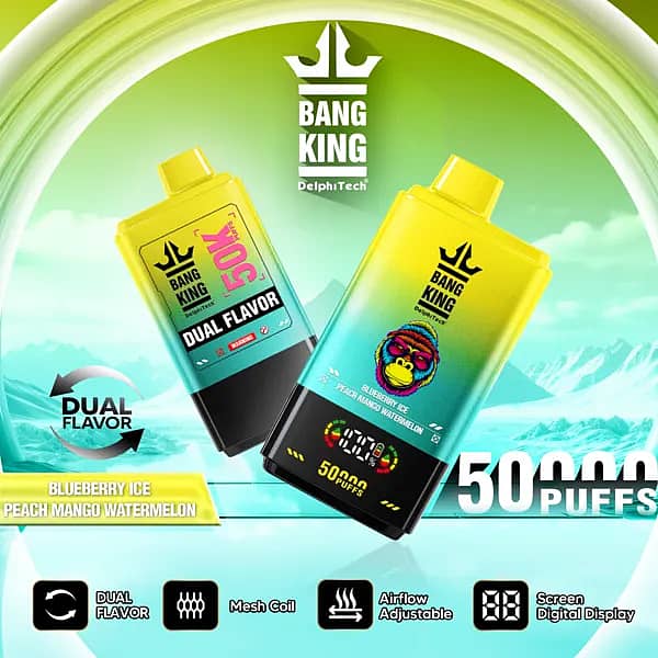 Bang King 50000 Puffs Dual Flavor disposable vape with screen display, showing Blueberry Ice and Peach Mango Watermelon options, dual-flavor switch, mesh coil, adjustable airflow.
