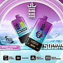 Bang King 50000 Puffs Dual Flavor disposable vape in Blueberry Raspberry and Grape Ice, gradient purple/blue body, digital screen, dual-flavor, mesh coil, adjustable airflow.
