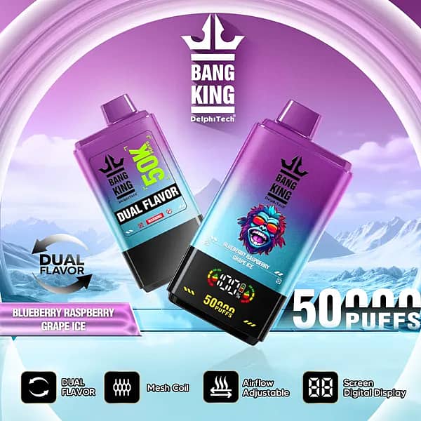 Bang King 50000 Puffs Dual Flavor disposable vape in Blueberry Raspberry and Grape Ice, gradient purple/blue body, digital screen, dual-flavor, mesh coil, adjustable airflow.