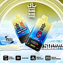 Bang King 50000 Puffs Dual Flavor disposable vape in Red Bull and Strawberry Banana, yellow–blue gradient body, digital screen, dual-flavor, mesh coil, airflow adjustable.