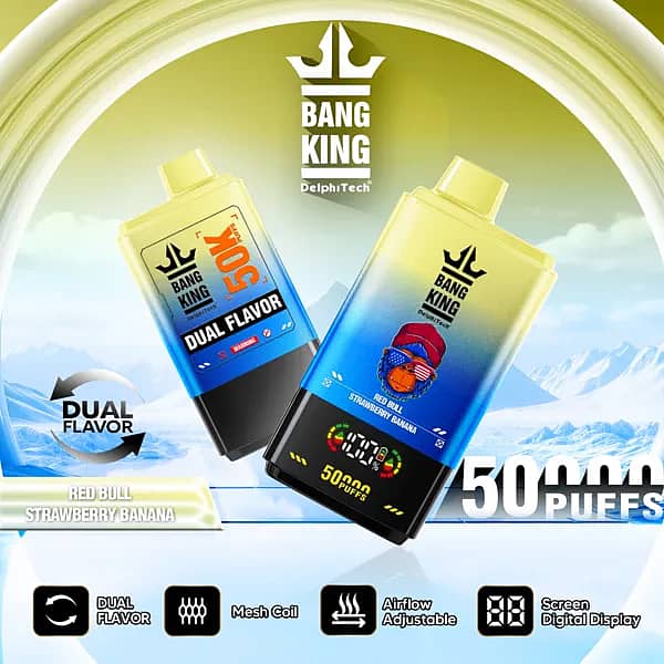 Bang King 50000 Puffs Dual Flavor disposable vape in Red Bull and Strawberry Banana, yellow–blue gradient body, digital screen, dual-flavor, mesh coil, airflow adjustable.