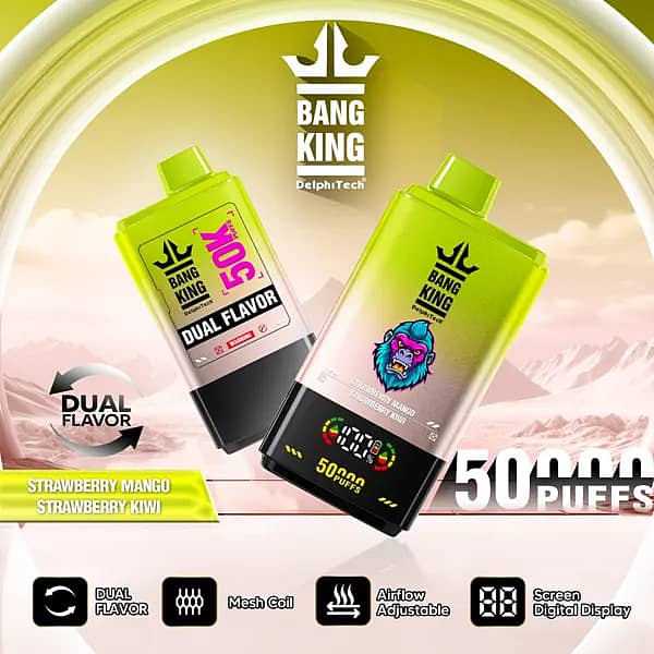 Bang King 50000 Puffs Dual Flavor disposable vape in Strawberry Mango and Strawberry Kiwi, lime-gradient body, digital screen, dual-flavor, mesh coil, airflow adjustable.