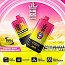 Bang King 50000 Puffs Dual Flavor disposable vape in Strawberry Mango and Watermelon Bubble Gum, pink–yellow gradient body, digital screen, dual-flavor, mesh coil, airflow adjustable.