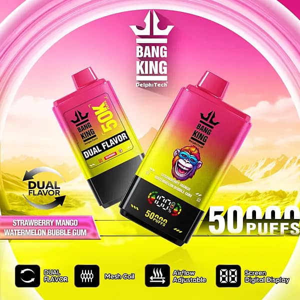 Bang King 50000 Puffs Dual Flavor disposable vape in Strawberry Mango and Watermelon Bubble Gum, pink–yellow gradient body, digital screen, dual-flavor, mesh coil, airflow adjustable.