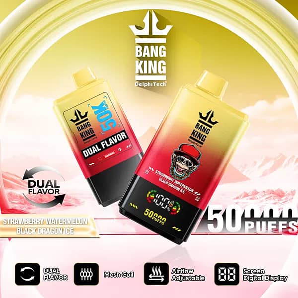 Bang King 50000 Puffs Dual Flavor disposable vape in Strawberry Watermelon and Black Dragon Ice, yellow–red gradient body, digital screen, mesh coil, airflow adjustable.