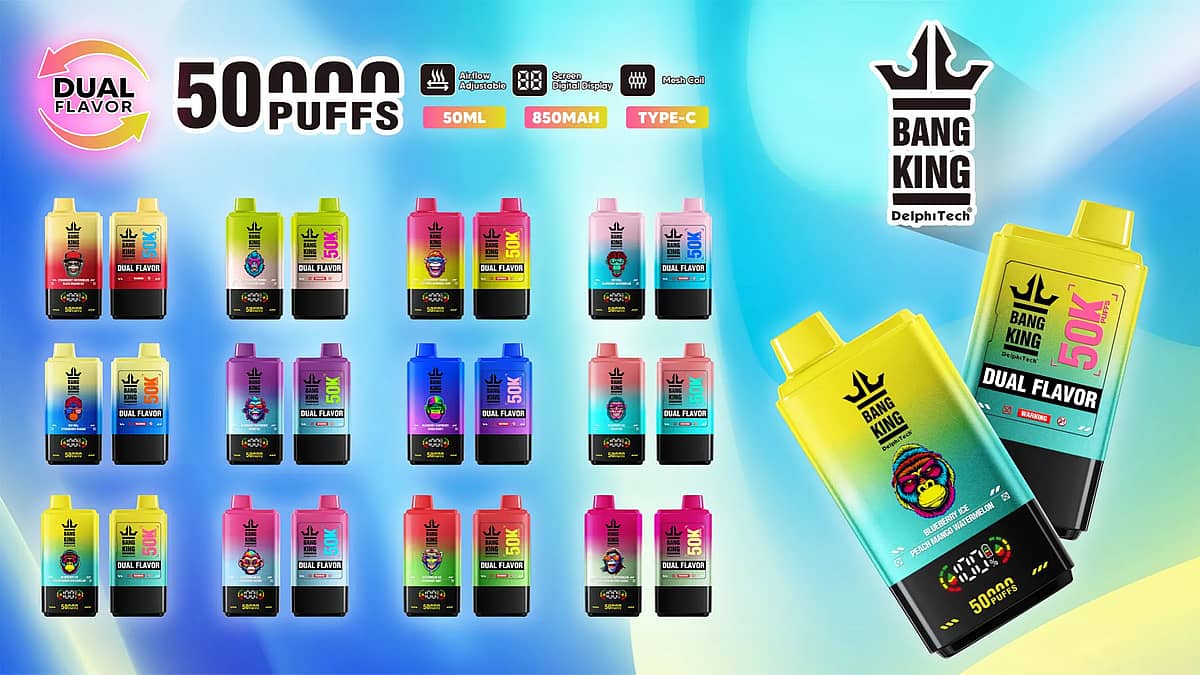 Bang King 50000 Puffs Dual Flavor disposable vape lineup showing multiple colorways and flavors, with 50ml e-liquid, 850mAh battery, Type-C charging, mesh coil and adjustable airflow.