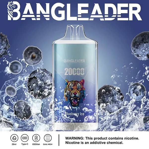 Bang Leader 20000 Puffs disposable vape in Blueberry Ice flavor with tiger logo, surrounded by splashing blueberries and ice, showing 28ml, Type-C, 650mAh, dual-mesh icons.