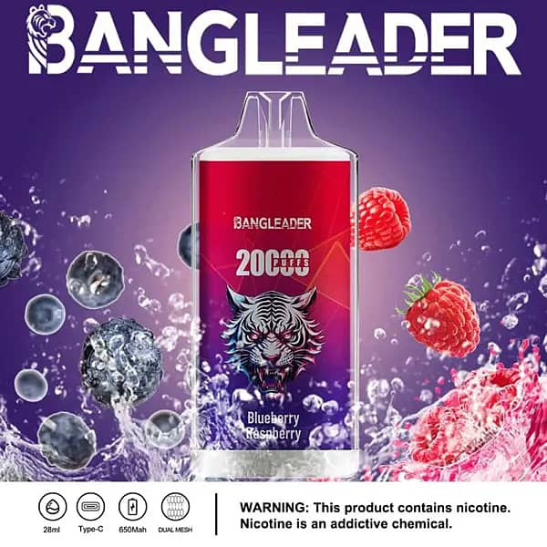 Bang Leader 20000 Puffs disposable vape in Blueberry Raspberry flavor with tiger logo, splashing blueberries and raspberries, plus 28ml, Type-C, 650mAh, dual-mesh icons.