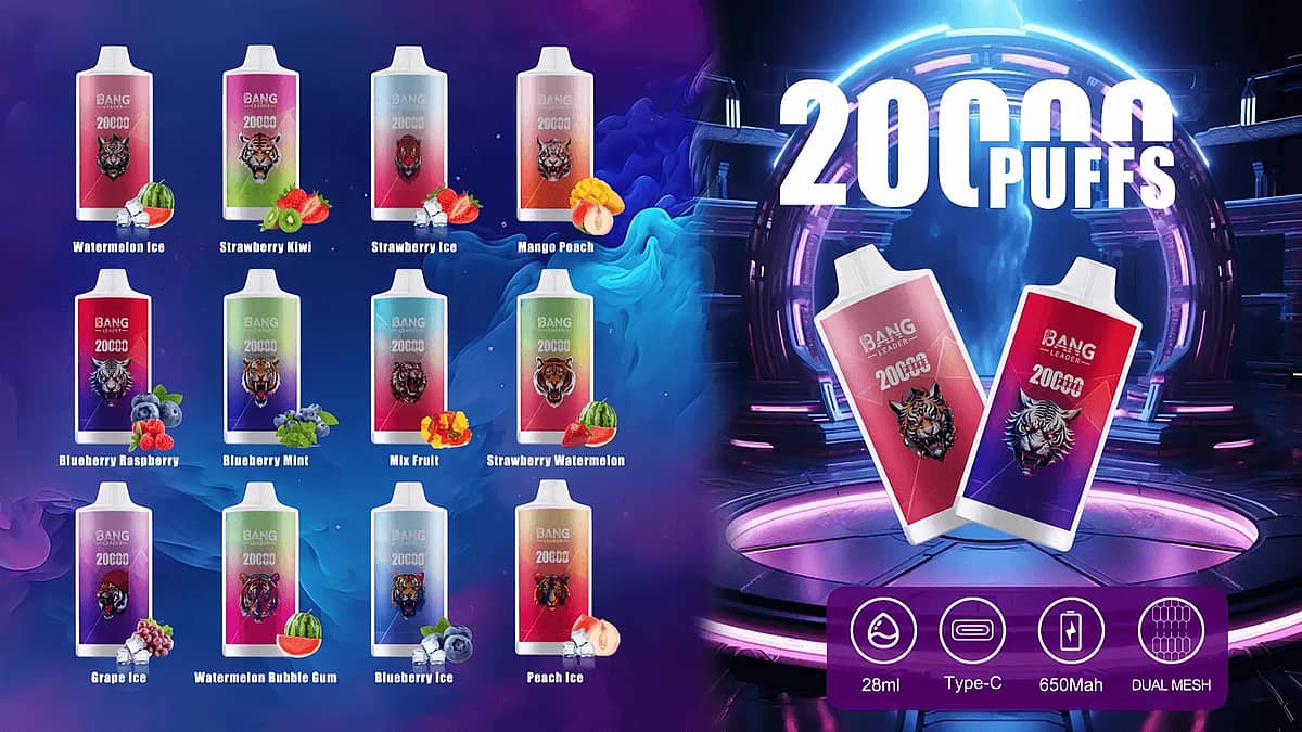 Bang Leader 20000 Puffs disposable vape flavor lineup (12 flavors) with two featured devices on futuristic background, showing 28ml, Type-C, 650mAh and dual-mesh specs.