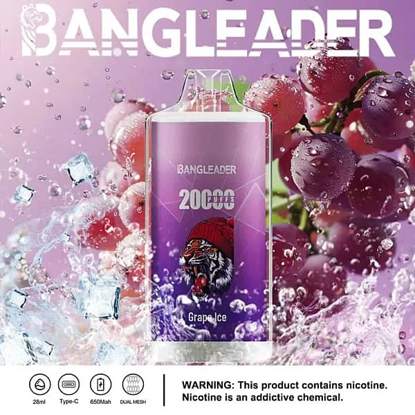 Bang Leader 20000 Puffs disposable vape in Grape Ice flavor with purple body, tiger logo, splashing grapes and ice cubes, plus 28ml, Type-C, 650mAh, dual-mesh icons.