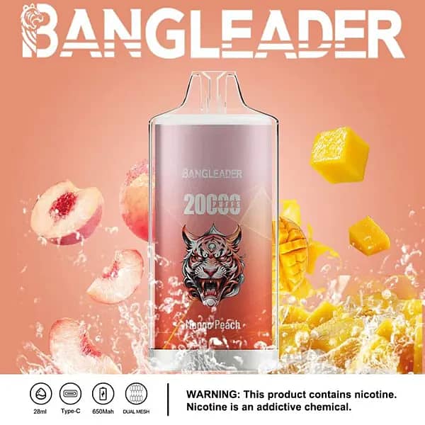 Bang Leader 20000 Puffs disposable vape in Mango Peach flavor with tiger logo, splashing mango and peach pieces, and icons for 28ml, Type-C, 650mAh, dual-mesh.