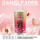 Bang Leader 20000 Puffs disposable vape in Peach Ice flavor with tiger logo, pink background, peach slices and ice splash, plus 28ml, Type-C, 650mAh, dual-mesh icons.
