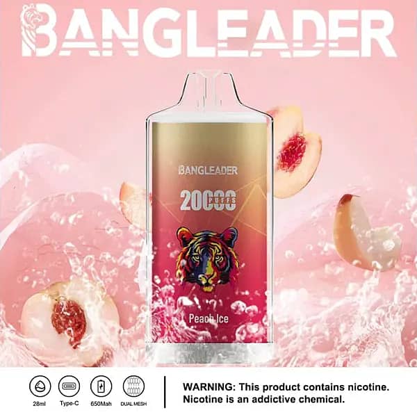 Bang Leader 20000 Puffs disposable vape in Peach Ice flavor with tiger logo, pink background, peach slices and ice splash, plus 28ml, Type-C, 650mAh, dual-mesh icons.