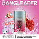 Bang Leader 20000 Puffs disposable vape in Strawberry Ice flavor with tiger logo, pink background, splashing strawberries and ice cubes, and icons for 28ml, Type-C, 650mAh, dual-mesh.