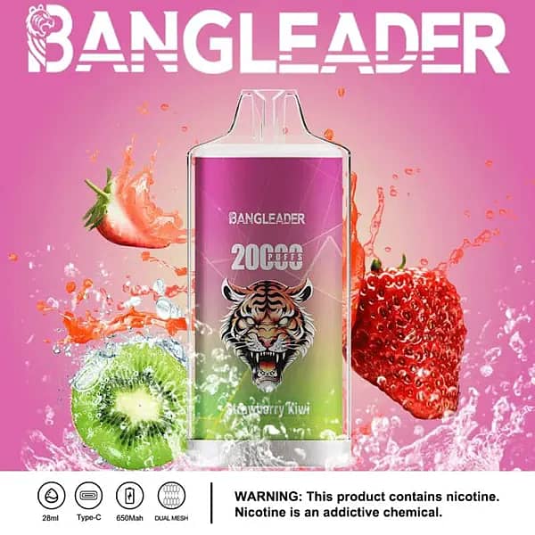 Bang Leader 20000 Puffs disposable vape in Strawberry Kiwi flavor with tiger logo, pink background, splashing strawberry and kiwi, and icons for 28ml, Type-C, 650mAh, dual-mesh.
