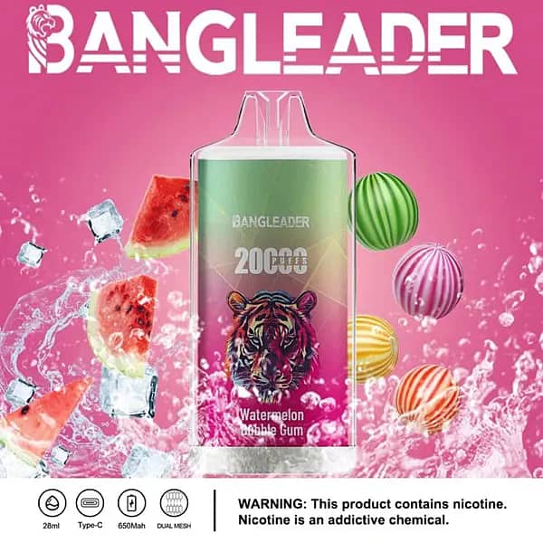 Bang Leader 20000 Puffs disposable vape in Watermelon Bubble Gum flavor with tiger logo, splashing watermelon, colorful bubble gum balls, and icons for 28ml, Type-C, 650mAh, dual-mesh.