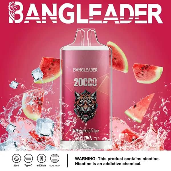 Bang Leader 20000 Puffs disposable vape in Watermelon Ice flavor with tiger logo, splashing watermelon slices and ice cubes, and icons for 28ml, Type-C, 650mAh, dual-mesh.