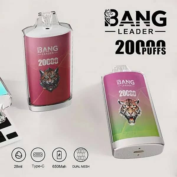 Bang Leader 20000 Puffs disposable vape with tiger branding, 28ml capacity, Type-C charging, 650mAh battery and dual-mesh coil.