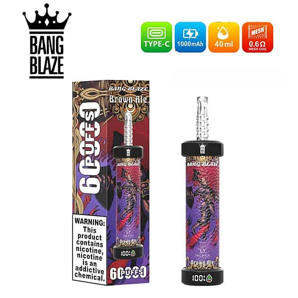 Bang Blaze 60000 60K Puffs Brown Ale disposable vape with Type-C 1000mAh battery, 40ml e-liquid, 0.6&Omega; mesh coil, LED battery indicator, retail box.