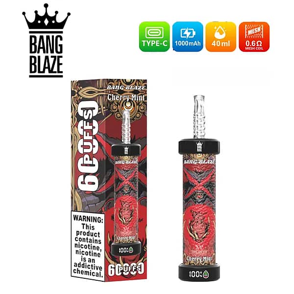Bang Blaze 60000 60K Puffs Cherry Mint disposable vape, Type-C 1000mAh battery, 40ml e-liquid, 0.6&Omega; mesh coil, LED battery indicator, boxed.